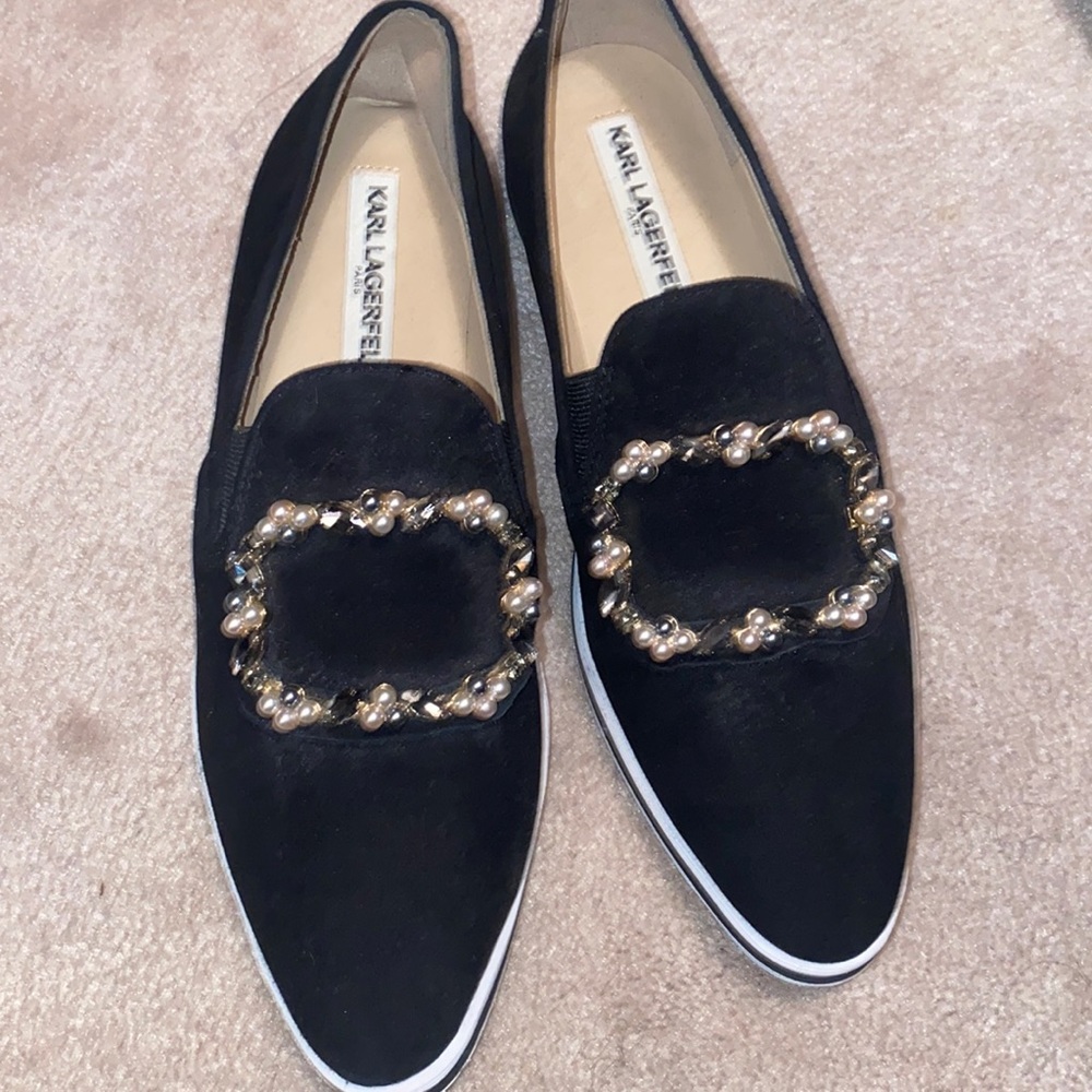 Karl Lagerfeld women slip on shoes w/ embellished buckle and pointed. Brand new.